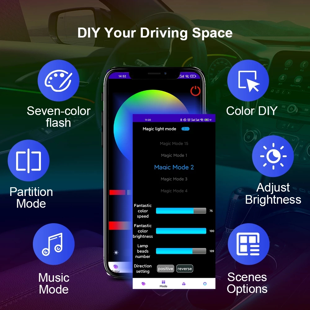 RGB LED Luce d'ambiente per auto Kit LED di illuminazione al Neon in fibra ottica RGB Symphony universali - immagine 2